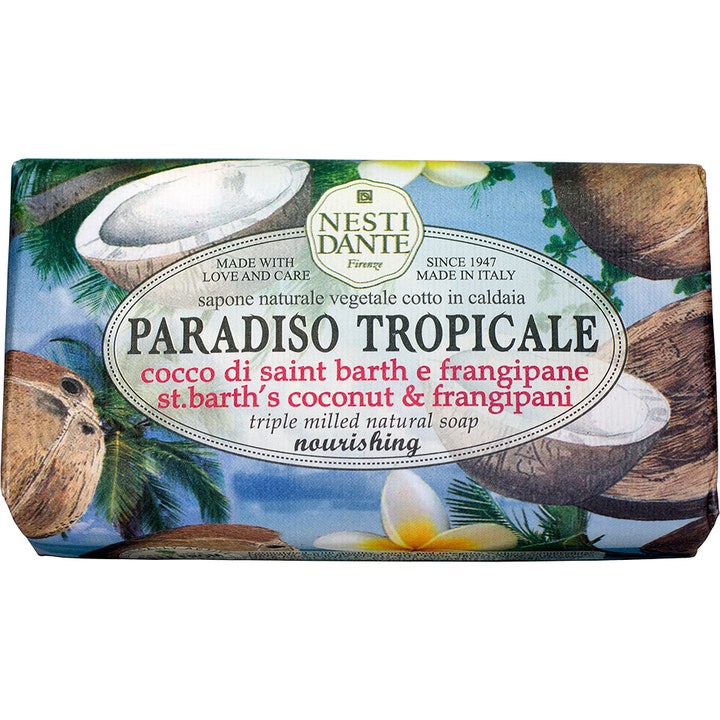 Nesti Dante Paradiso Tropicale 250g nærende fast såpe i papir med motiv av kokosnøtter og frangipaniblomster