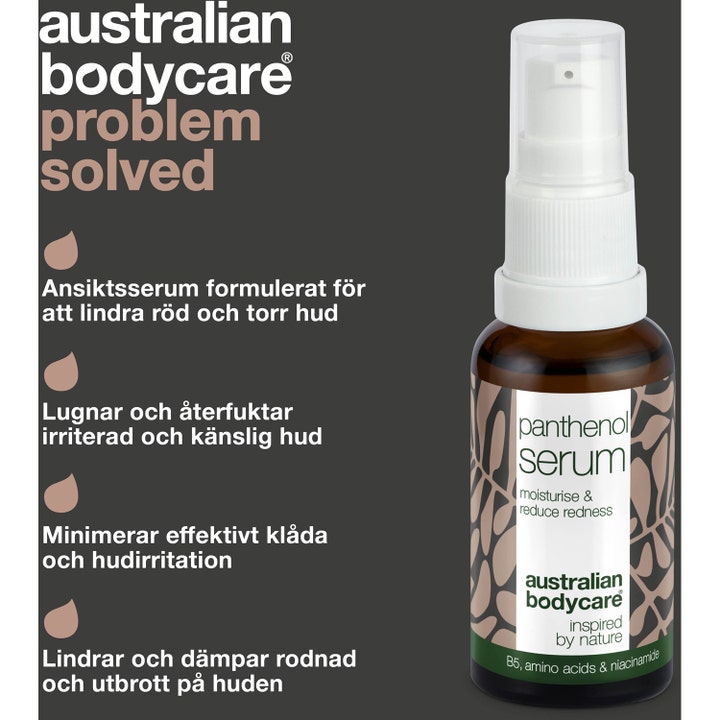 Australian Bodycare Panthenol Serum 30 ml lindrende ansiktsserum i brun glassflaske med hvit pumpe.