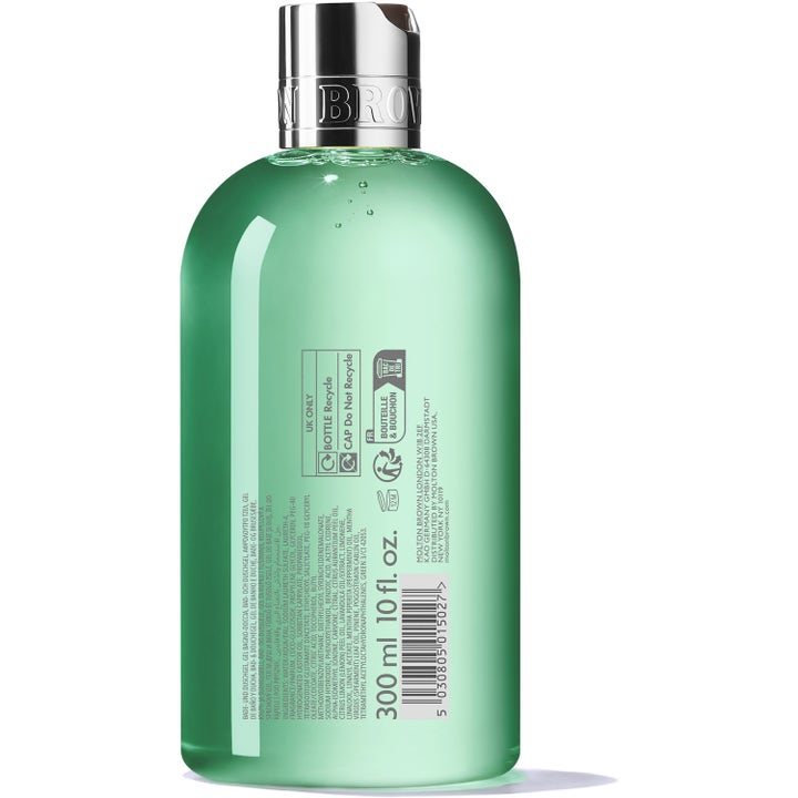 Molton Brown Wild Mint & Lavandin 300 ml dusjsåpe baksiden av flasken viser ingrediensliste og grønn gel.