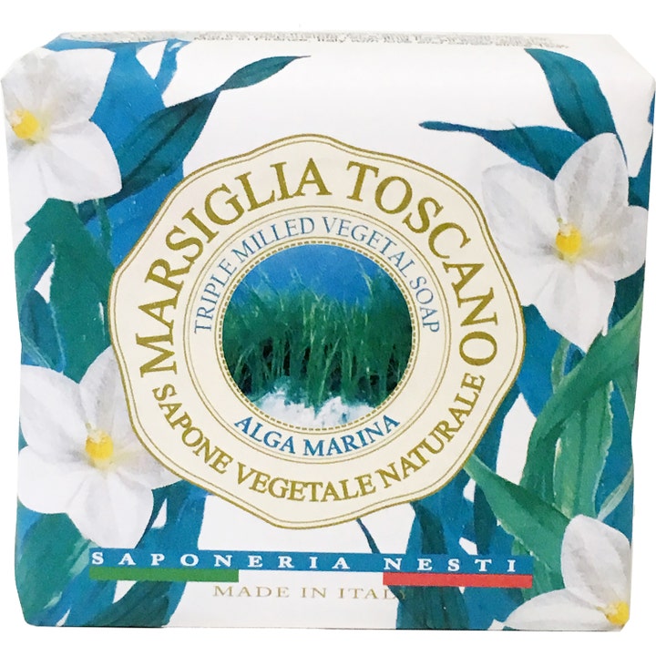 Nesti Dante Marsiglia Toscano Alga Marina naturlig såpe i papir med illustrasjoner av hvite blomster og alger