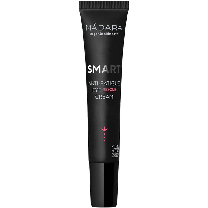 Mádara Smart Anti-Fatigue Eye Rescue Cream 15 ml øyekrem i slank sort tube som motvirker tretthetstegn.