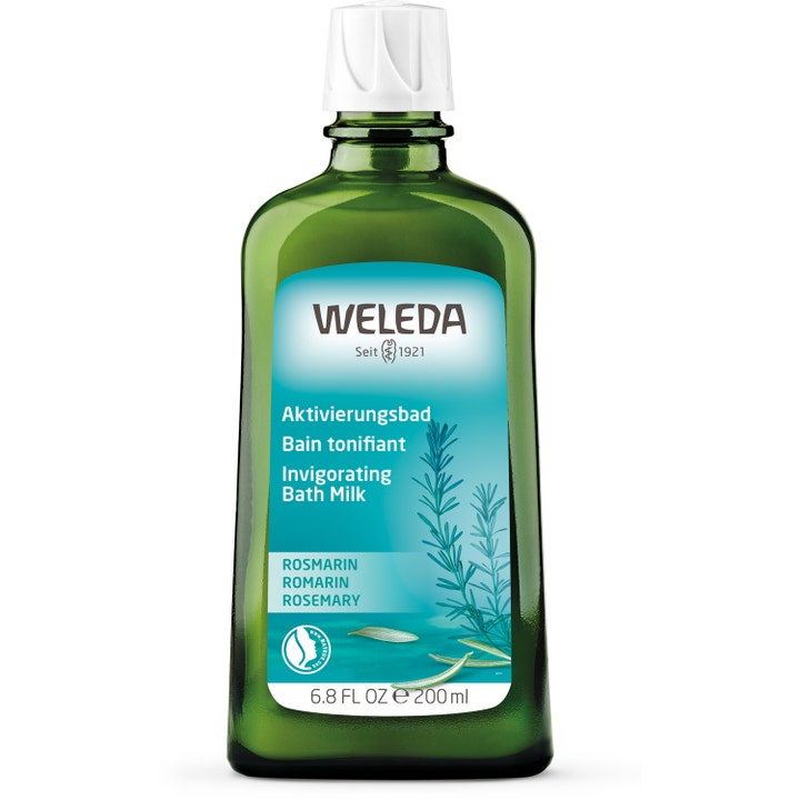 Weleda Invigorating Bath Milk 200 ml oppfriskende bademelk med rosmarin i grønn glassflaske med hvit kork