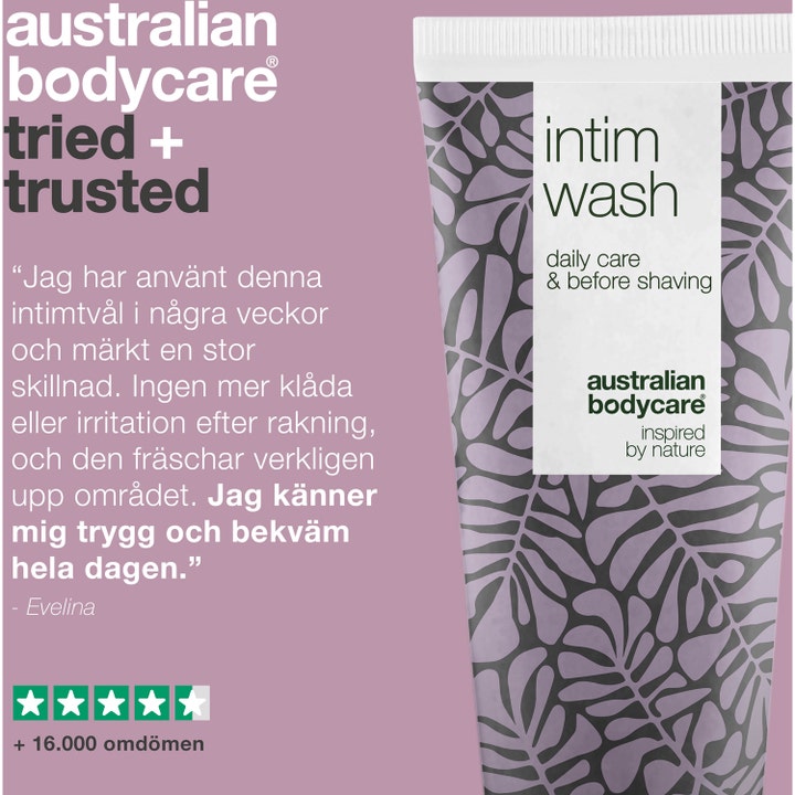 Australian Bodycare Intim Wash 200 ml intimsåpe mot irritasjon i hvit tube med lilla bladmønster og kundeanmeldelse