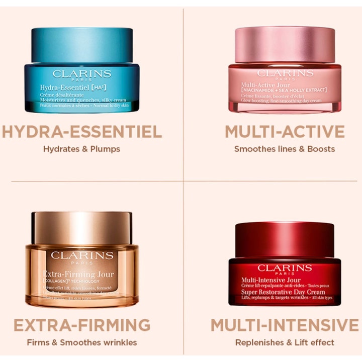 Clarins Extra-Firming Jour 50 ml dagkrem i gullfarget krukke i en oversikt over ulike hudpleieserier.
