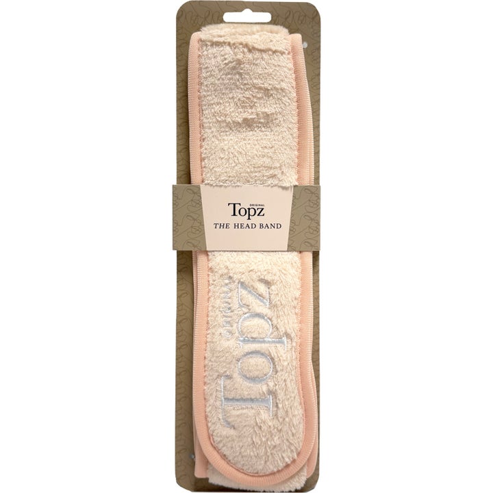 Topz The Head Band 1 stk hårbånd beskytter håret under hudpleie i mykt beige plysjmateriale med hvit logo