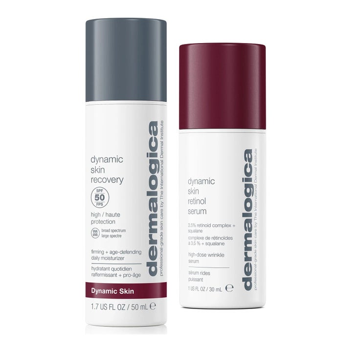 Dermalogica Dynamic Skin Recovery 50ml og Retinol Serum 30ml styrker huden i hvite flasker med sølv og burgunder kork