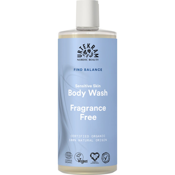 Urtekram Find Balance Body Wash 500 ml parfymefri kroppsvask i klar plastflaske med lyseblå etikett og hvit kork.