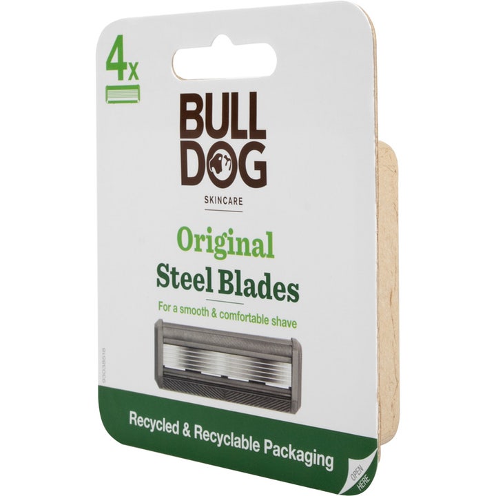 Bulldog Original Steel Blades 4-pack barberblad gir en glatt barbering i en hvit og grønn pappemballasje