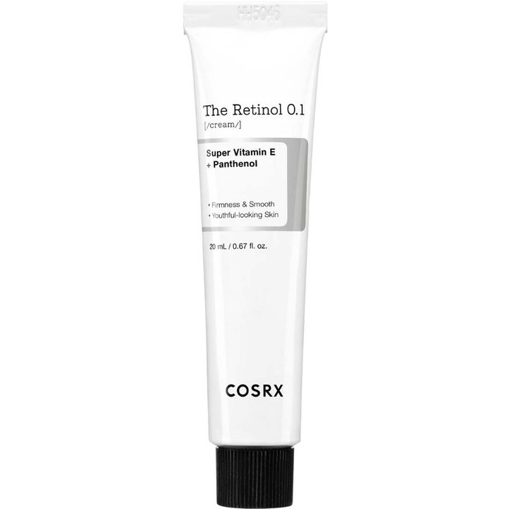 COSRX The Retinol 0.1 Cream 20 ml oppstrammende ansiktskrem som gir glatt hud i en hvit tube med sort kork