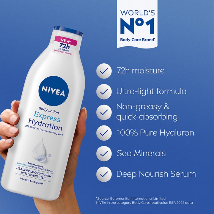 NIVEA Express Moisturising Body Lotion 250 ml gir 72h fuktighet hvit flaske med hyaluron og havmineraler