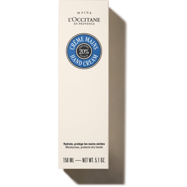L'Occitane Shea Butter Hand Cream 150 ml pleiende håndkrem i hvit eske med blått 20 % shea butter-segl