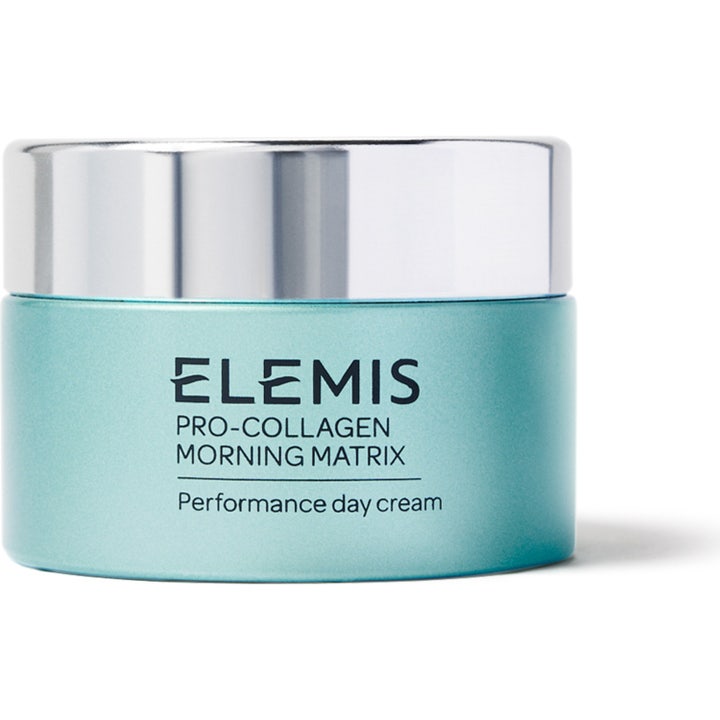 Elemis Pro-Collagen Morning Matrix 50 ml dagkrem i lyseblå krukke med sølvlokk som gir glød.