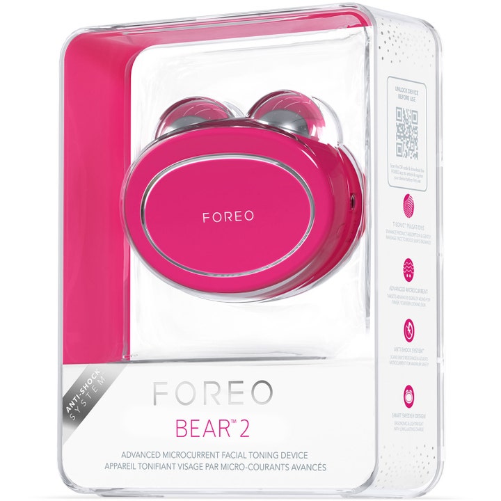 FOREO BEAR 2 Fuchsia 1 stk mikrostrøm som strammer opp huden i hvit og gjennomsiktig emballasje