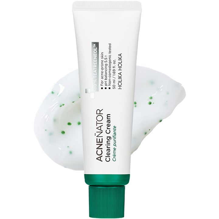 Holika Holika Acnenator Clearing Cream 50 ml ansiktskrem mot kviser i hvit tube med hvit krem og grønne korn