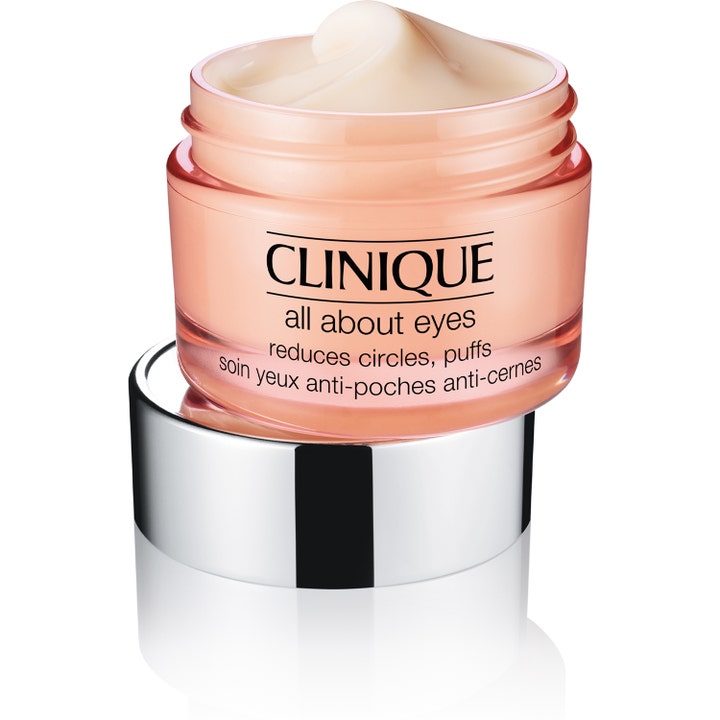 Clinique All About Eyes 15 ml øyekrem mot mørke ringer i rosa krukke med lys ferskenfarget tekstur