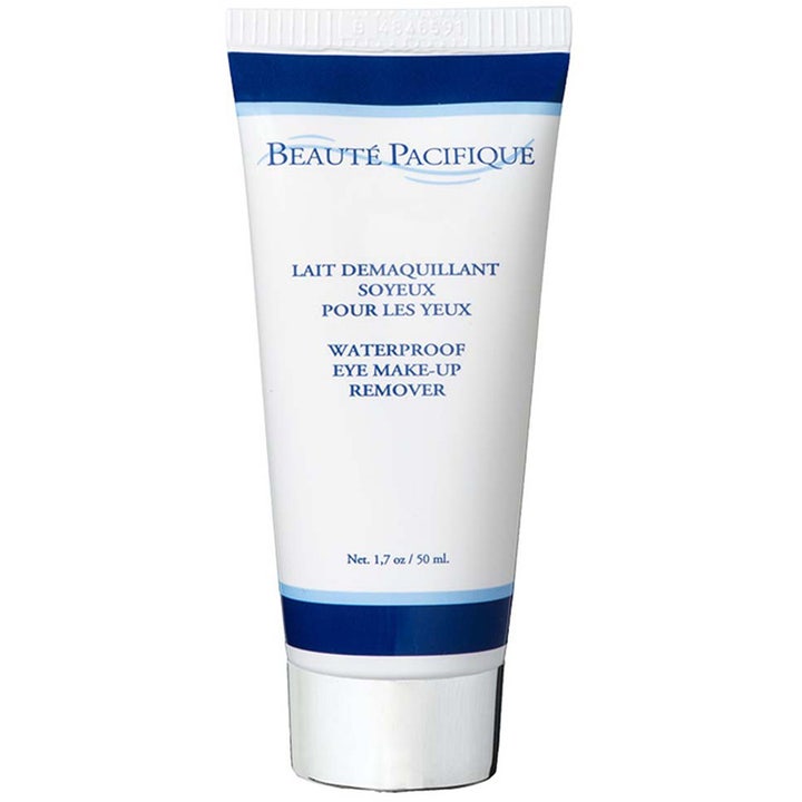 Beauté Pacifique Waterproof Eye Make-up Remover 50 ml fjerner vannfast sminke i hvit tube med blå striper og sølvkork