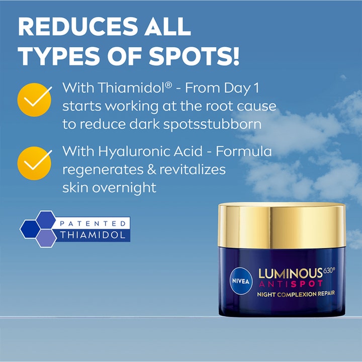 NIVEA Luminous630 Anti Dark-Spot 50 ml nattkrem med Thiamidol i blå krukke med gulllokk som reduserer pigmentflekker