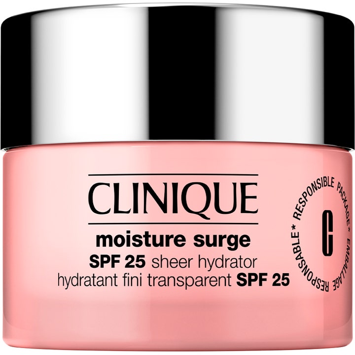 Clinique Moisture Surge SPF 25 Sheer Hydrator fuktighetsgivende ansiktskrem i rosa krukke med blankt sølvfarget lokk