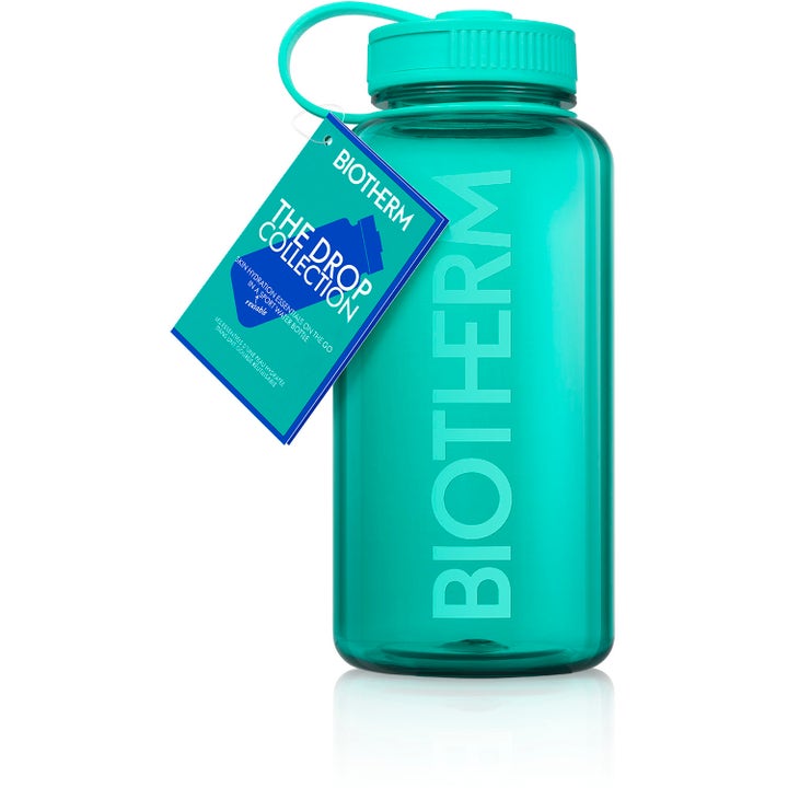 Biotherm Aqua Drop Set gjenbrukbar turkis vannflaske med logo og etikett for hudpleie på farten