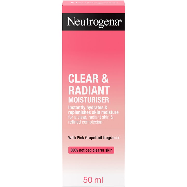 Neutrogena Clear & Radiant Moisturiser 50 ml fuktighetsgivende ansiktskrem som gir glød i en rosa og hvit eske.
