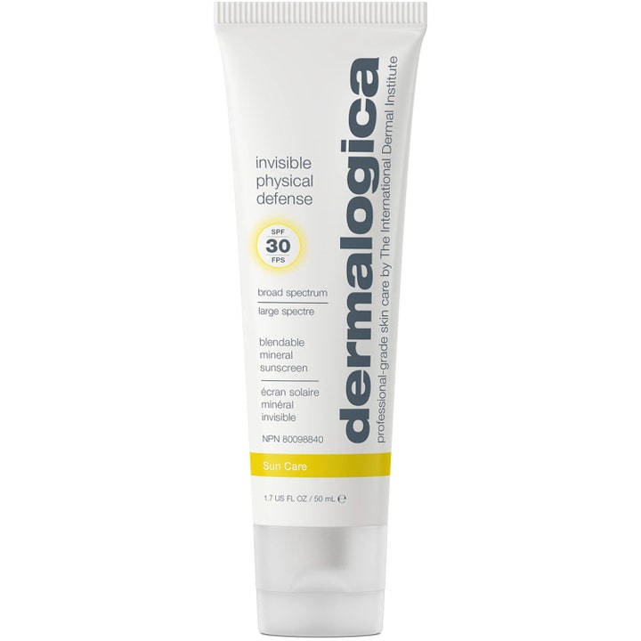 Dermalogica Invisible Physical Defense 50 ml mineral solkrem SPF 30 i hvit tube med gult solsymbol og grå tekst