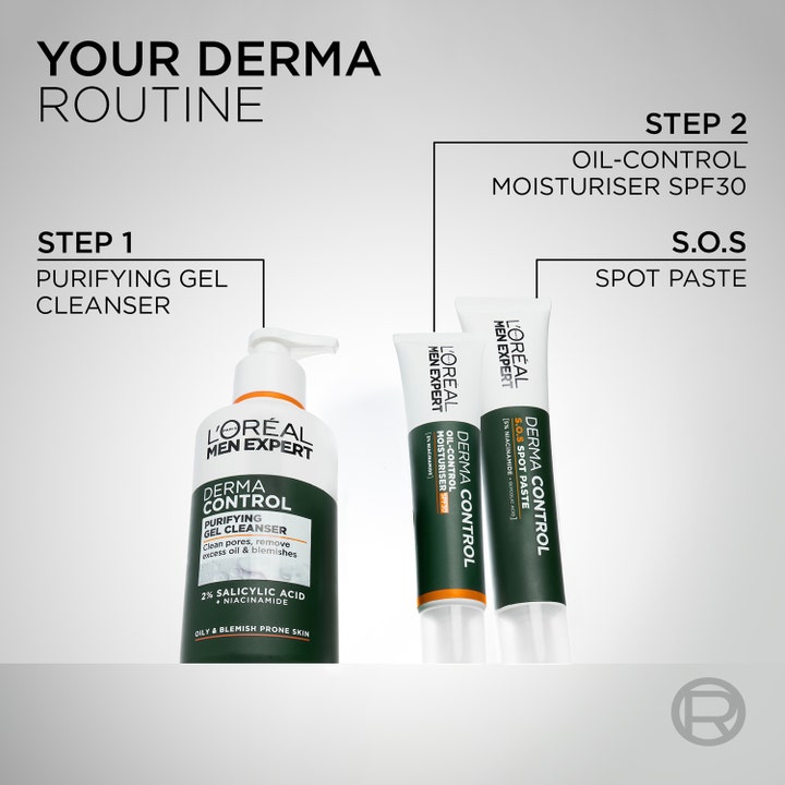 L'Oréal Paris Men Expert Derma Control S.O.S Spot Paste 45 ml mot urenheter i en rutine med rens og ansiktskrem.