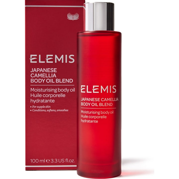 Elemis Japanese Camellia Body Oil Blend 100 ml fuktighetsgivende kroppsolje i rød flaske med sølvkork og eske