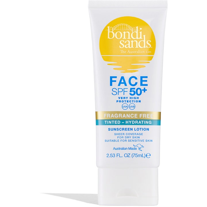 Bondi Sands Face SPF 50+ Sunscreen Lotion 75ml farget fuktighetsgivende solkrem i hvit tube med gul logo og blå tekst