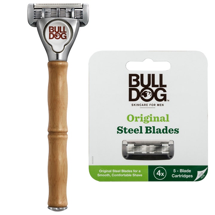 Bulldog Original Steel Blades 4-pack barberhøvel med bambushåndtak som gir en glatt barbering og sølvfarget hode