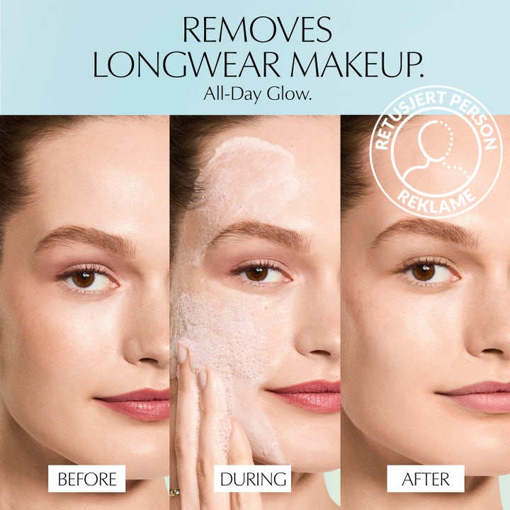Estée Lauder Daywear Glow Boost Jelly Cleanser 125 ml rengjøringsgel viser før og etter fjerning av sminke for glød.