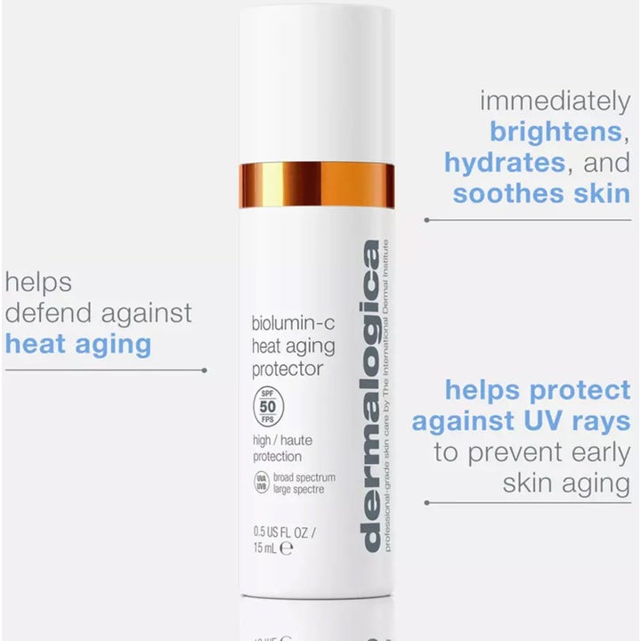 Dermalogica Biolumin-C Heat Aging Protector SPF50 15 ml dagkrem i hvit flaske med oransje bånd gir glød og beskyttelse.