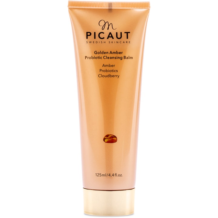 M Picaut Golden Amber Probiotic Cleansing Balm 125 ml styrkende rengjøringsbalsam i ravfarget tube med gullkork