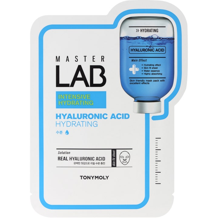 TonyMoly Master Lab Hyaluronic Acid 19 ml fuktighetsgivende sheetmaske i hvit forpakning med blått motiv av en serumpose