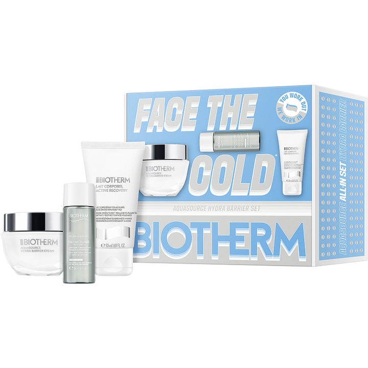 Biotherm Aquasource Hydra Barrier Set beskyttende hudpleie med ansiktskrem og rens i lyseblå Face the Cold gaveeske.