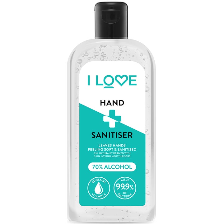 I Love Hand Sanitiser 250 ml bakteriedrepende håndgelé i gjennomsiktig plastflaske med svart vippelokk