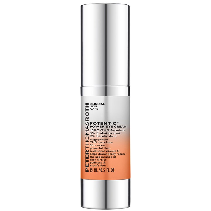 Peter Thomas Roth Potent-C Power Eye Cream 15 ml mot mørke ringer i en elegant sølvbeholder med oransje etikett