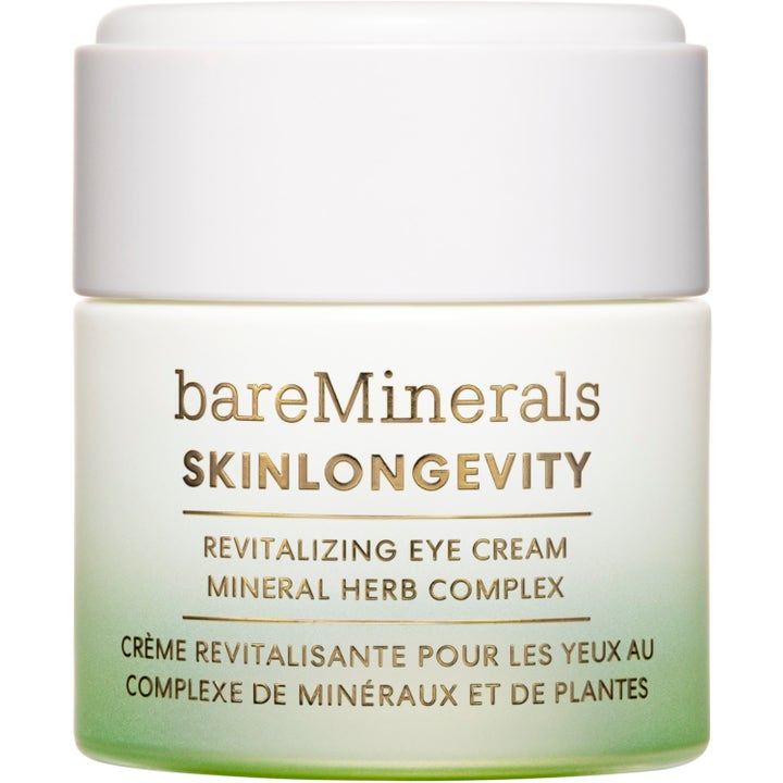 bareMinerals Skinlongevity Revitalizing Eye Cream revitaliserende øyekrem i hvit og grønn krukke med gulltekst