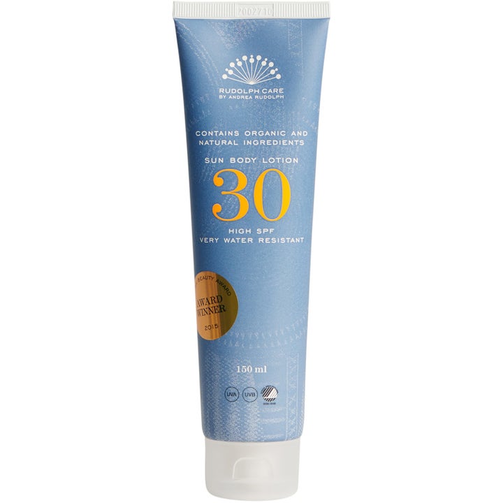 Rudolph Care Sun Body Lotion SPF 30 150 ml vannfast solkrem i blå tube med hvit kork og gul tekst