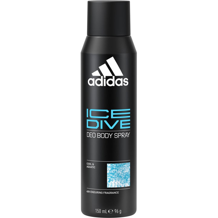 Adidas Ice Dive 150 ml deo body spray gir en frisk følelse i en matt svart sprayflaske med blå detaljer.