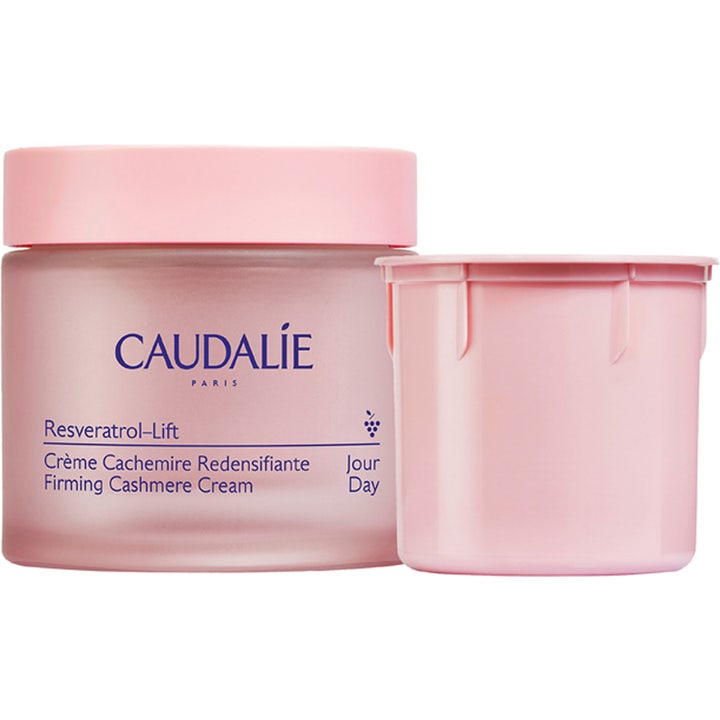 Caudalie Resveratrol-Lift Firming Cashmere Cream 50ml oppstrammende dagkrem i rosa frostet glasskrukke med refill