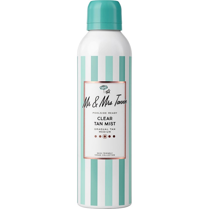 Mr & Mrs Tannie Clear Tan Mist selvbruningsmist som gir gradvis farge i hvit sprayflaske med turkise striper