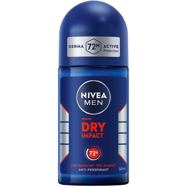 Nivea Men Dry Impact 50 ml roll-on deodorant mot svette i mørkeblå glassflaske med sølvdetaljer