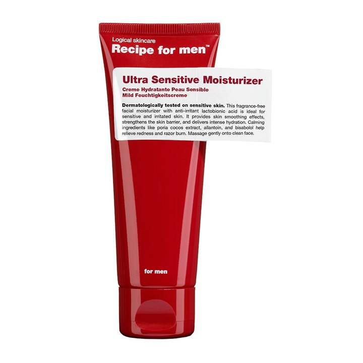 Recipe for men Ultra Sensitive Moisturizer 75 ml beroligende ansiktskrem i rød tube med hvit etikett