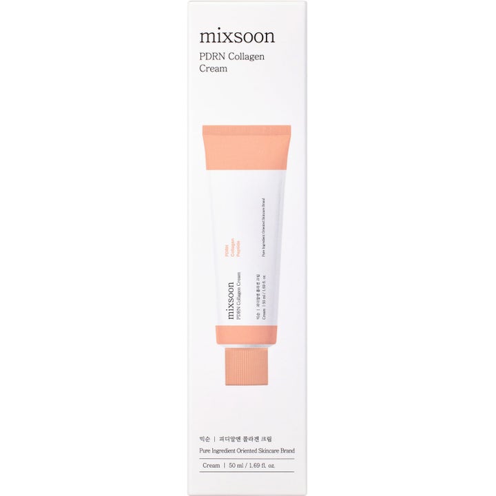Mixsoon PDRN Collagen Cream 50 ml oppstrammende ansiktskrem i hvit eske med ferskenfarget tubeillustrasjon