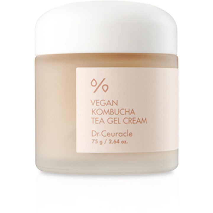 Dr.Ceuracle Vegan Kombucha Tea Gel Cream 75 g fuktighetsgivende gelkrem i frostet glasskrukke med hvitt lokk