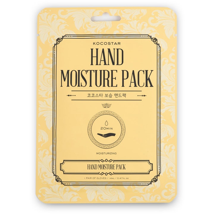 Kocostar Hand Moisture Pack 1 par håndmaske som gir fuktighet i gul forpakning med vintageinspirert ramme