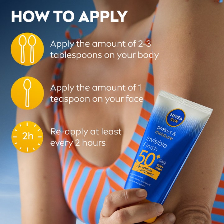 NIVEA Sun Protect & Moisture Invisible Finish Lotion 150 ml solkrem med infografikk for riktig påføring og SPF 50