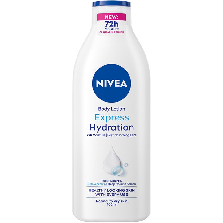 Nivea Express Hydration Body Lotion 400ml fuktgivende kroppslotion i hvit plastflaske med blått lokk og havsmineraler
