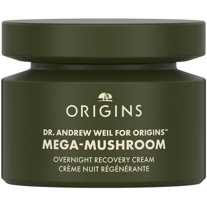 Origins Mega-Mushroom Overnight Recovery Cream beroligende nattkrem i en matt olivengrønn krukke med hvit tekst