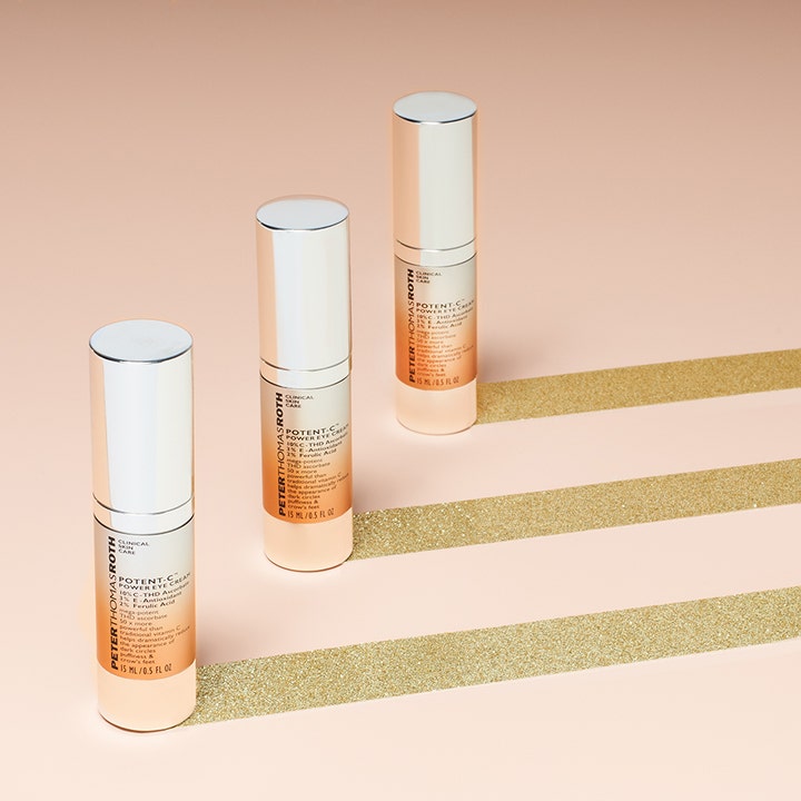 Peter Thomas Roth Potent C Eye Cream 15 ml øyekrem med vitamin C i tre pumpeflasker med dekorative gullstriper.